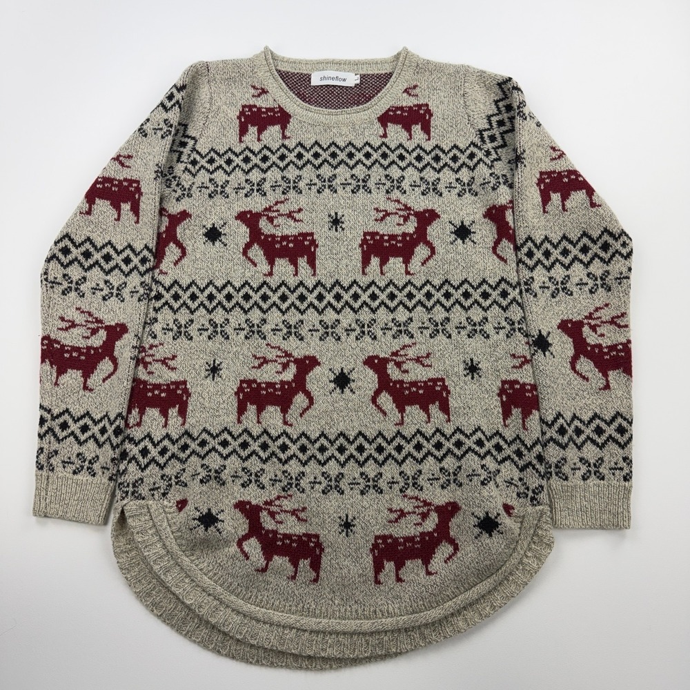 Shineflow Sweater Womens Large Reindeer Deer Christmas Pullover Tunic Jumper